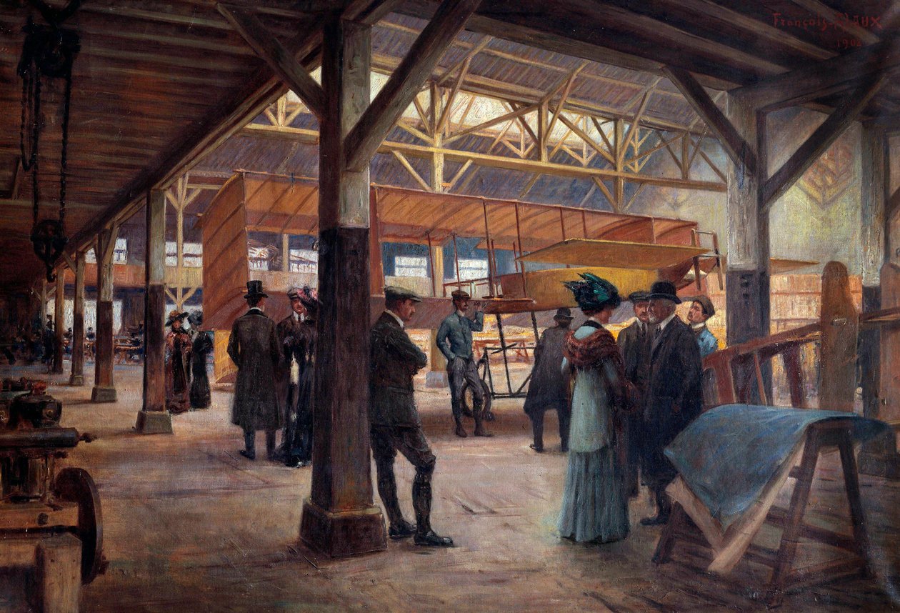 Gabriel és Charles Voisin testvérek (1880-1973 és „1882-1912), a repülés úttörőinek műhelye 1908-ban Boulogne Billancourtban” (olaj, vászon) alkotó: Francois Alaux