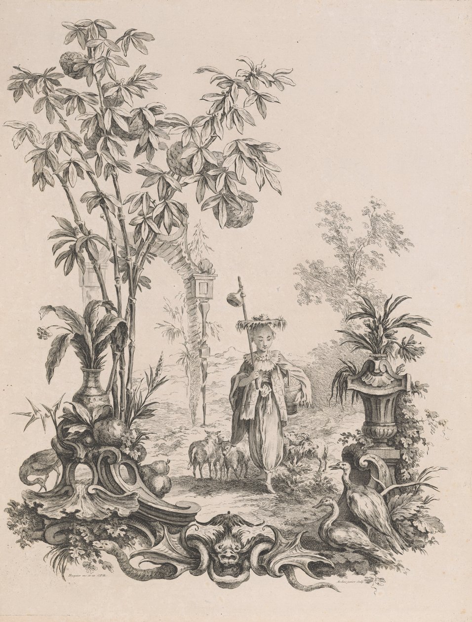 Fiatal kínai lány sétál, birkáival körülvéve, kb.1740-50. alkotó: Francois Antoine Aveline