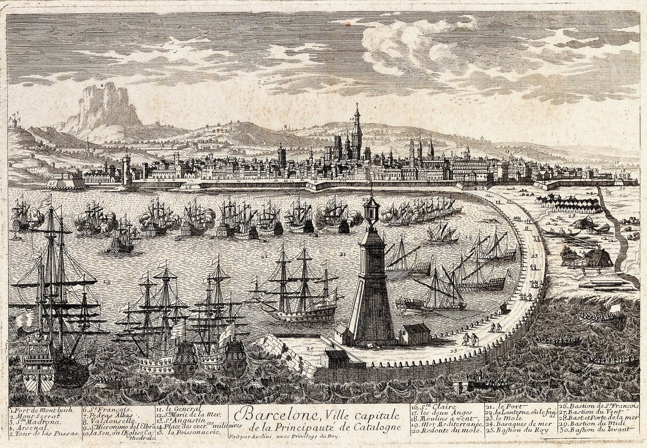 Kilátás a városra és Barcelona kikötőjére a 18. században. Metszet: Francois Antoine Aveline Barcelona, Museu d