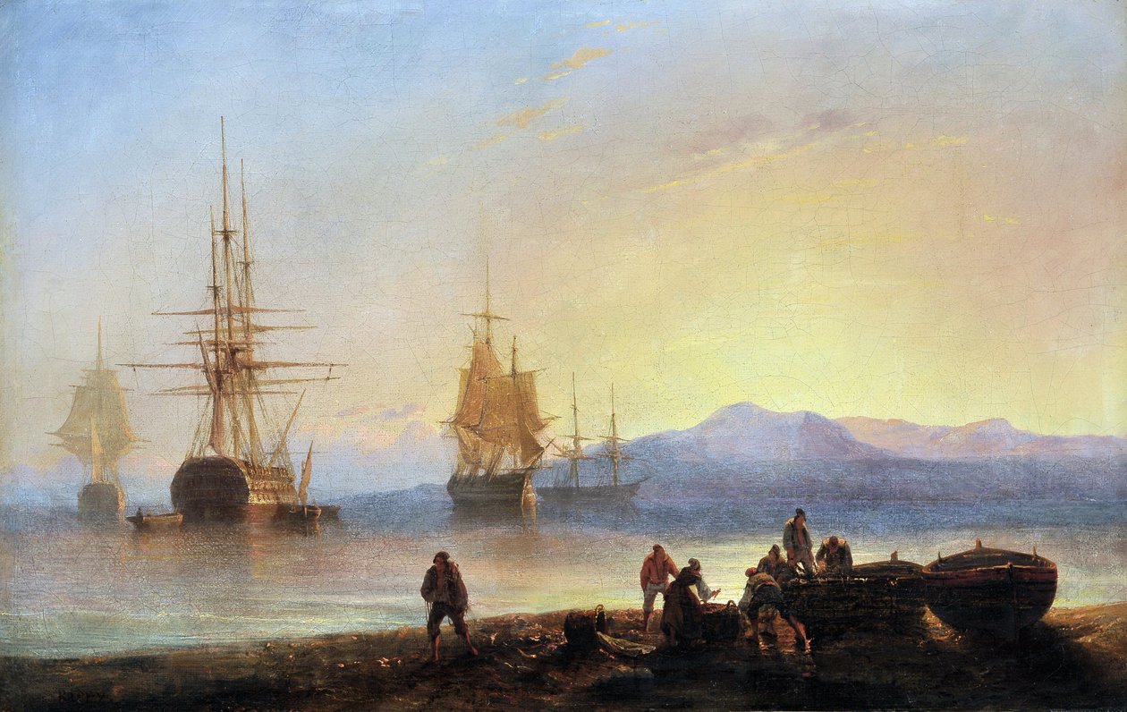 Nővérek és hajók a Földközi-tengeren. Francois Pierre BARRY (1813-1905) festménye. Olajfestmény. Mérete: 29,5x46 cm. Kötelező említés: Collection fondation regards de Provence, Marseille alkotó: Francois Barry