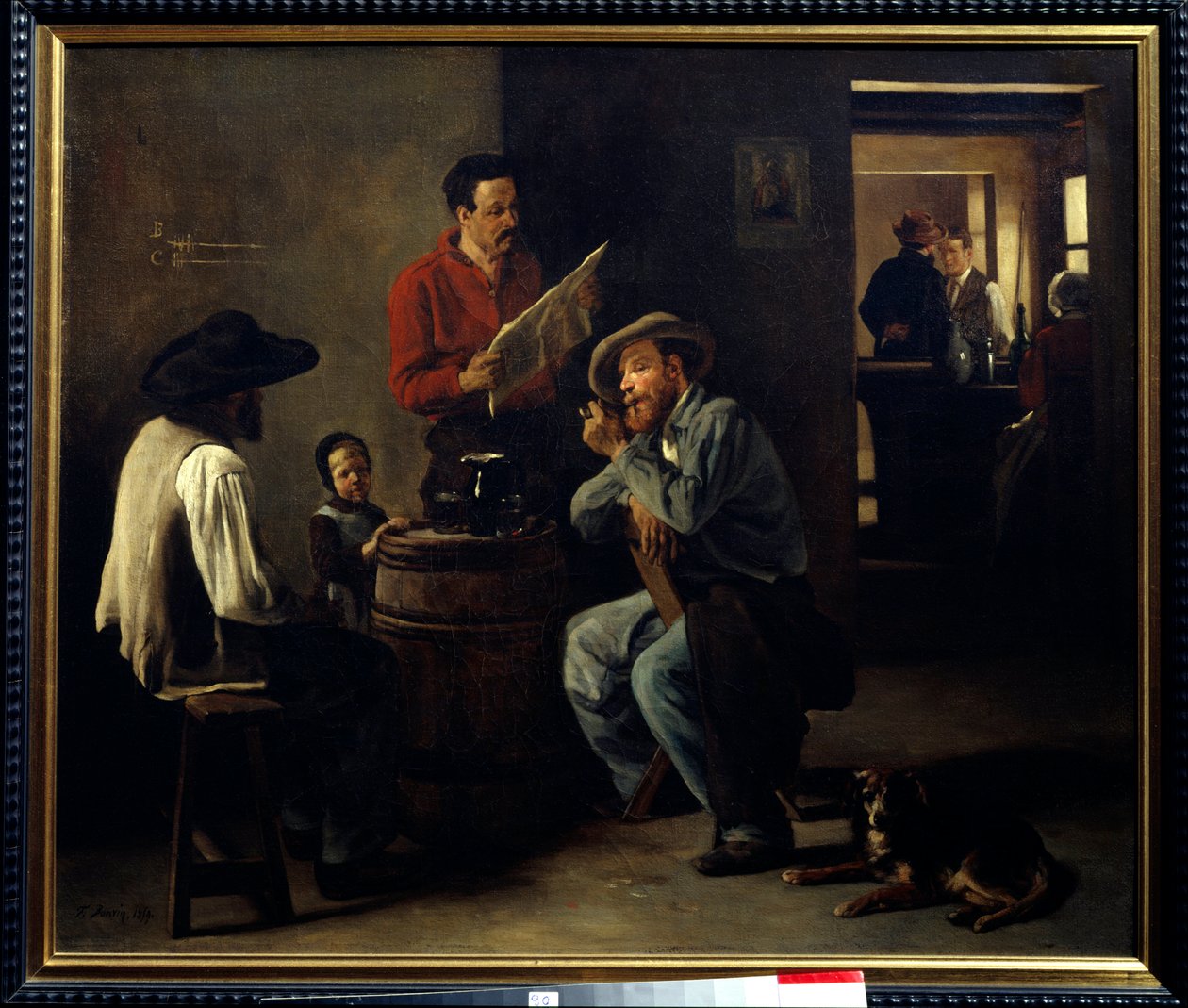Kabaré belső Két férfi ül egy kocsmában, és hallgatja az újságolvasást. Francois Bonvin (1817-1887) festménye 1859 Arras, Musee des Beaux Arts. alkotó: François Bonvin
