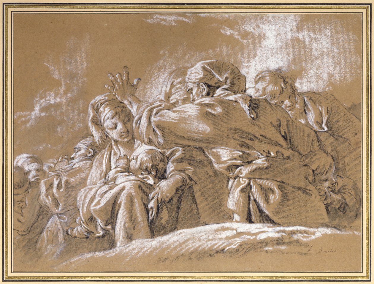 Anya és gyermeke és más alakok alulról (kréta) alkotó: François Boucher