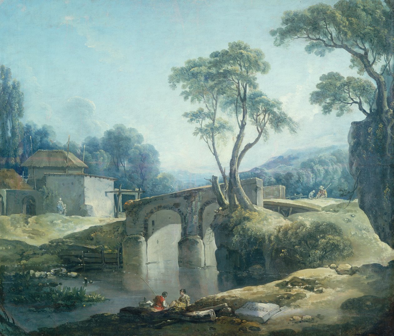 Erdős táj híddal a folyón (olaj, vászon) alkotó: François Boucher