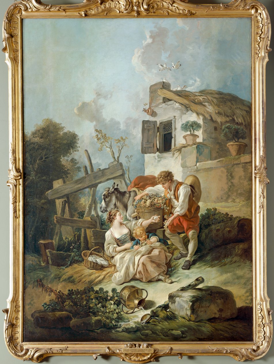Egy férfi szőlőt kínál egy lánynak alkotó: François Boucher