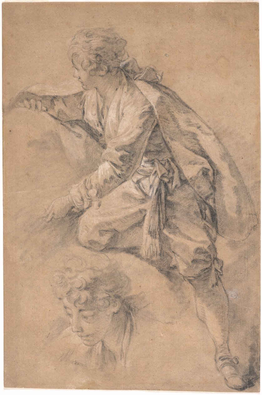 Egy fiatal, félig térdelő helyzetben, mindkét karját kinyújtva alkotó: François Boucher