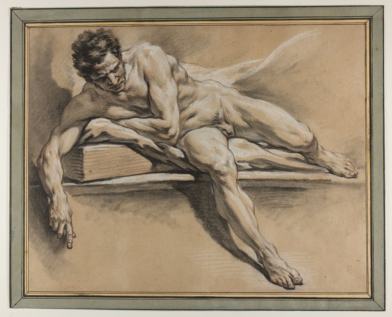 Fekvő férfiakt akadémiai tanulmánya, 1750 körül (fekete, vörös és fehér kréta, papír) alkotó: François Boucher