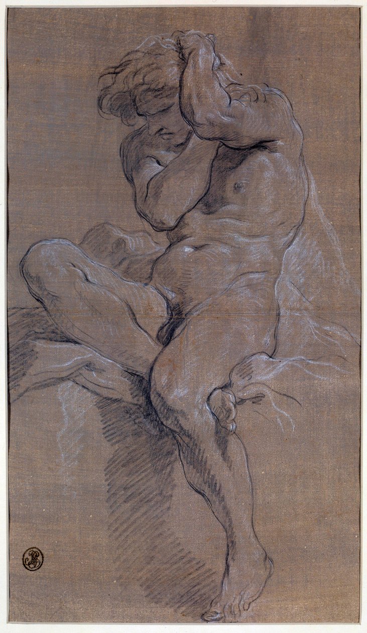 Ülő meztelen férfi akadémiája Francois Boucher (1703-1770) rajza vörös vérrel, 18. századi Párizs, Louvre Múzeum alkotó: François Boucher