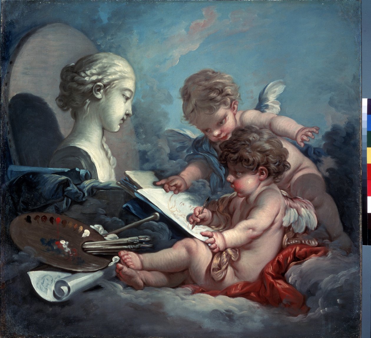 ""A festészet allegóriája"" (Cupids. A festészet allegóriája) Francois Boucher (1703-1770) festménye 1760 körül Méret: 82x87 cm Ermitázs Múzeum, Szentpétervár (Szentpétervár) alkotó: François Boucher