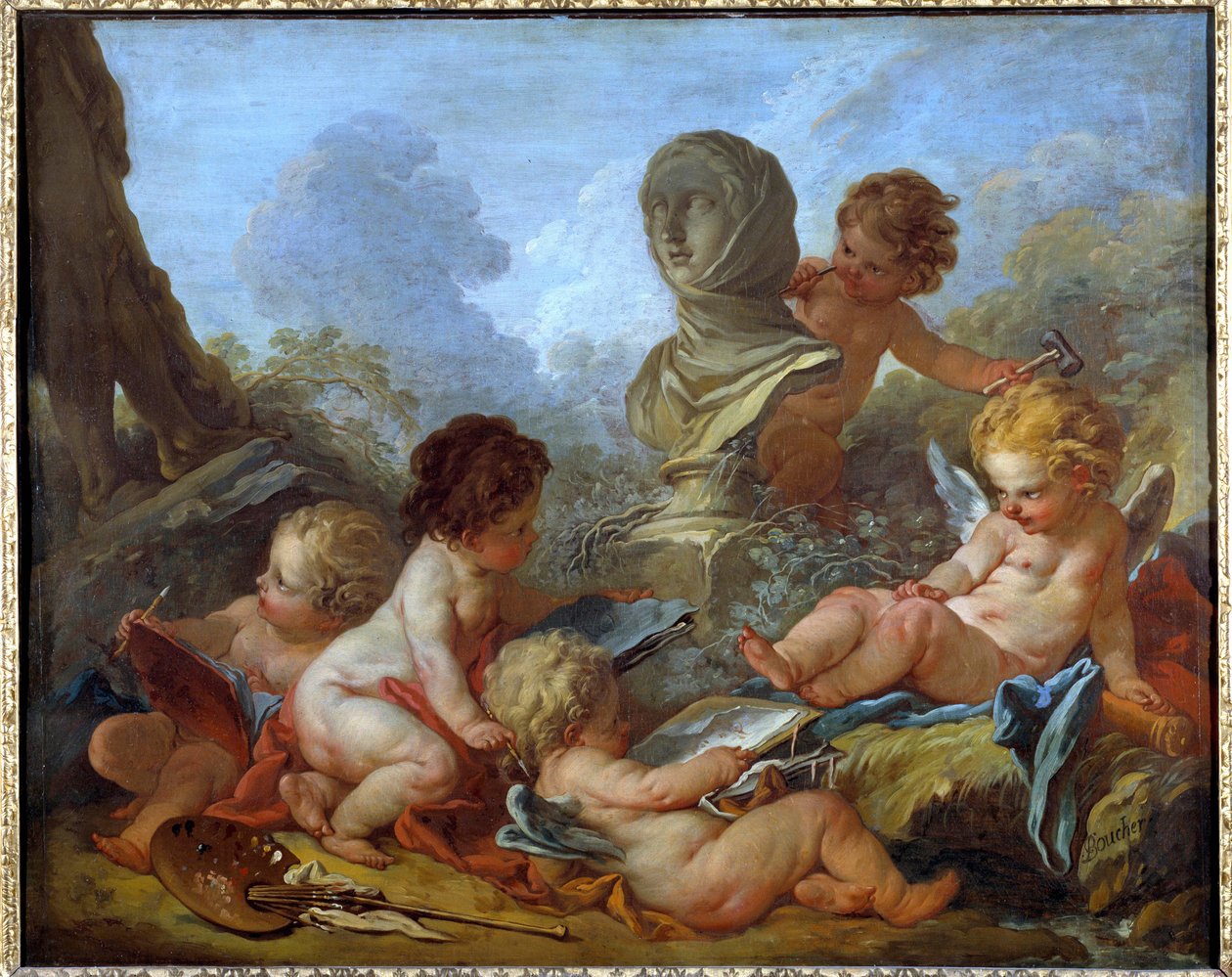 Allegorie des Arts Öt kis amour különböző művészetekkel (szobrászat, festészet...) Francois Boucher festménye (1703-1770) 18. századi Troyes, Musee des Beaux Arts - Művészetek allegóriája. Öt kis Ámor, amelyek különböző művészetekhez kapcsolódnak (szobrász alkotó: François Boucher