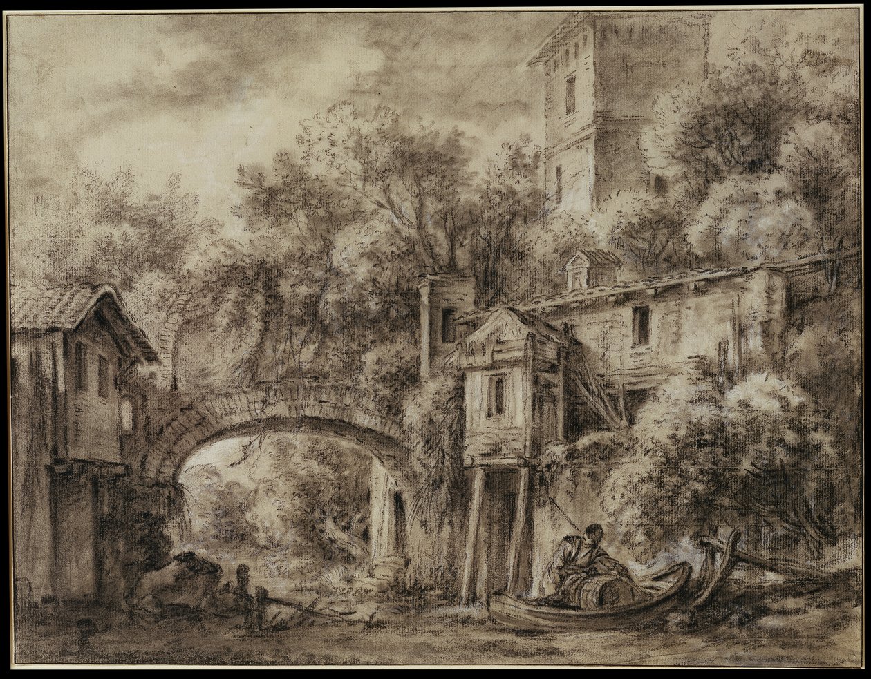 Építészeti capriccio a Charenton közelében található Quiquengrogne-i malommal alkotó: François Boucher