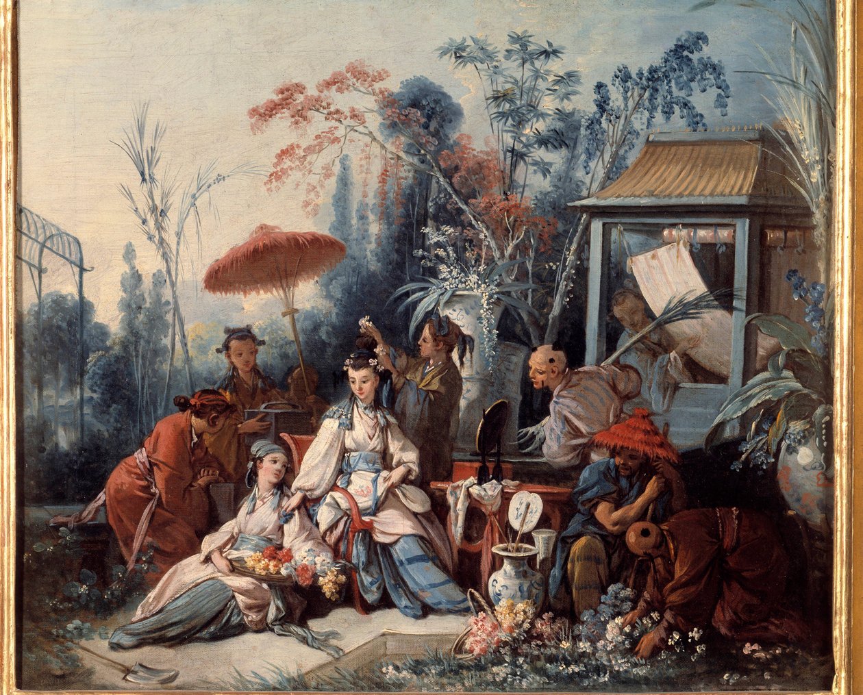 Chinoiseries kínai kerti jelenete, amely egy fiatal nőt ábrázol, akit szolgák vesznek körül. Francois Boucher festménye (1703-1770) alkotó: François Boucher