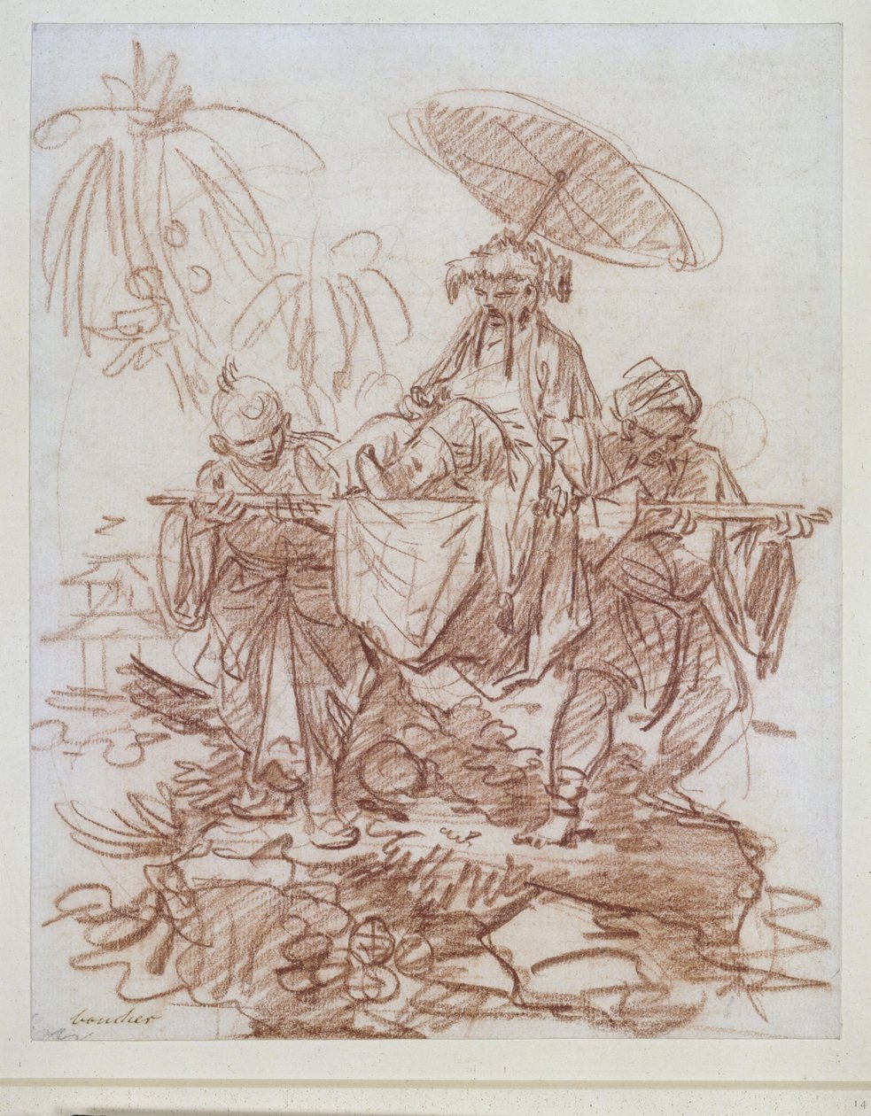 Kínai méltóság, akit két szolgája visz alkotó: François Boucher