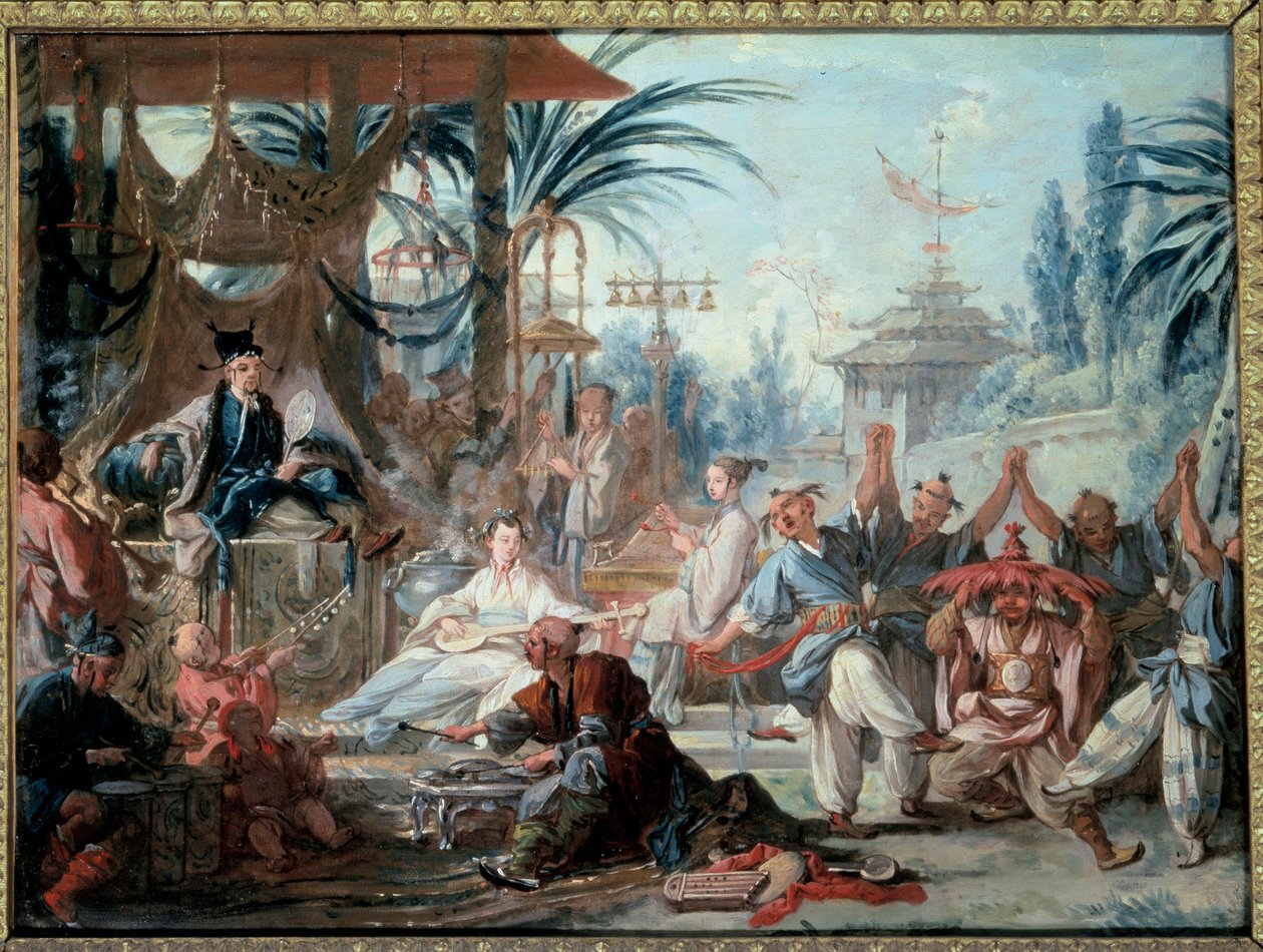 Chinoiserie: „Kínai tánc”” Szórakoztató jelenet a császári udvarban zenészekkel és táncosokkal. Francois Boucher (1703-1770) festménye 1740 Besancon, Musee des Beaux Arts alkotó: François Boucher