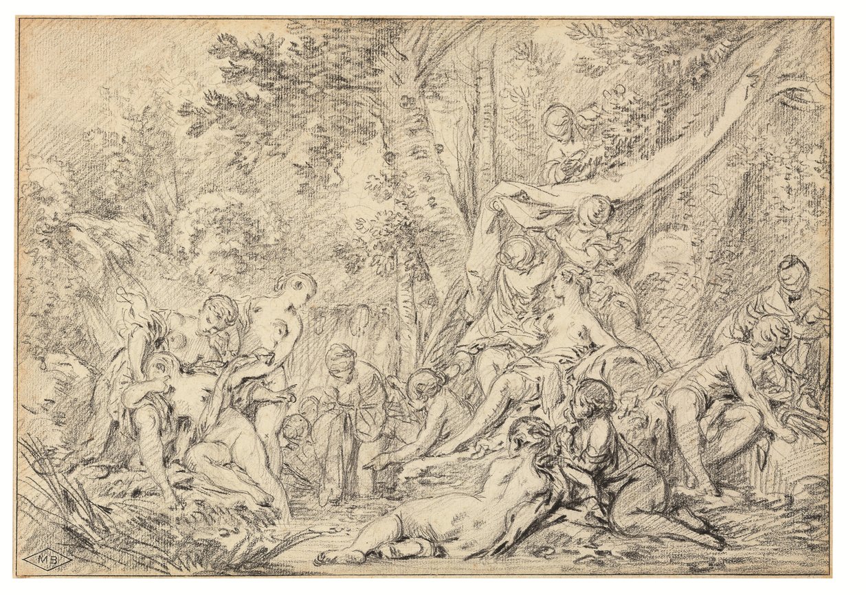 Diana és Callisto (fekete kréta papíron) alkotó: François Boucher