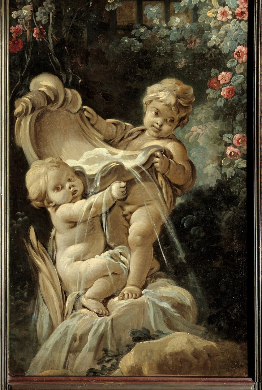 A nappali ajtólapja Demarteau: szökőkút két szerelmével, amelyek közül az egyik térd. Francois Boucher festménye (1703-1770) alkotó: François Boucher