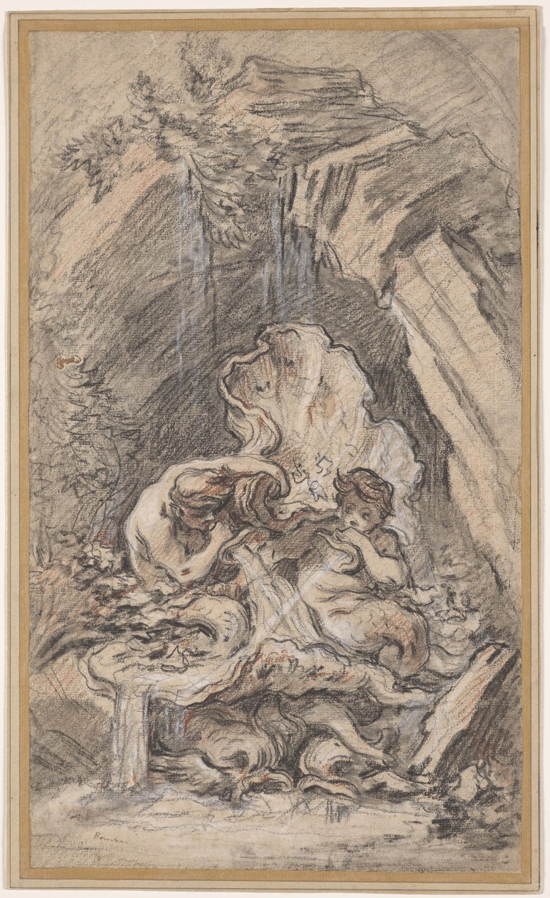 Szökőkút két tritonnal, amely kagylóhéjat fúj alkotó: François Boucher