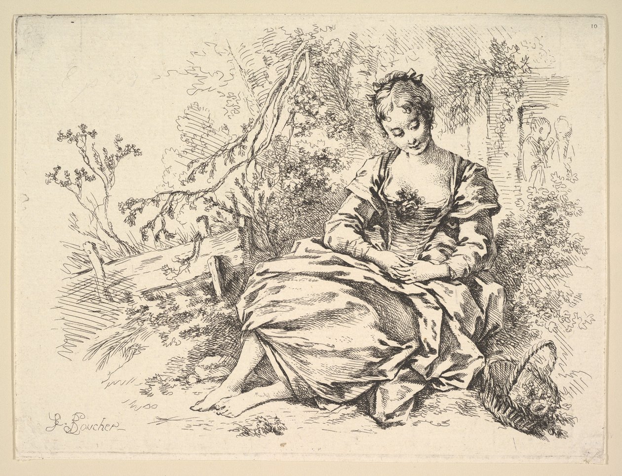 Lány virágkosárral egy tájképben alkotó: François Boucher