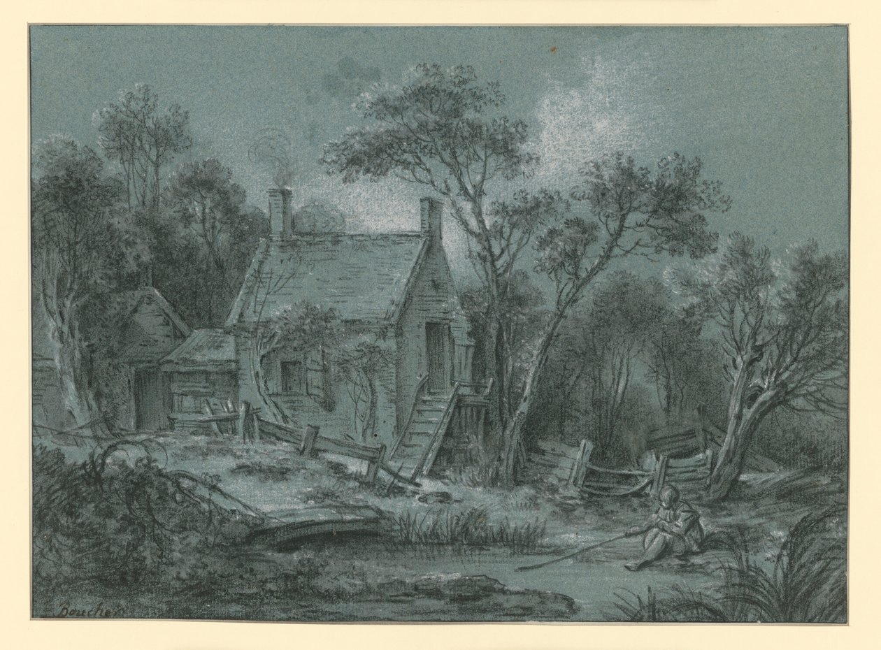Ház lépcsővel a fák között, előtte egy horgász alkotó: François Boucher