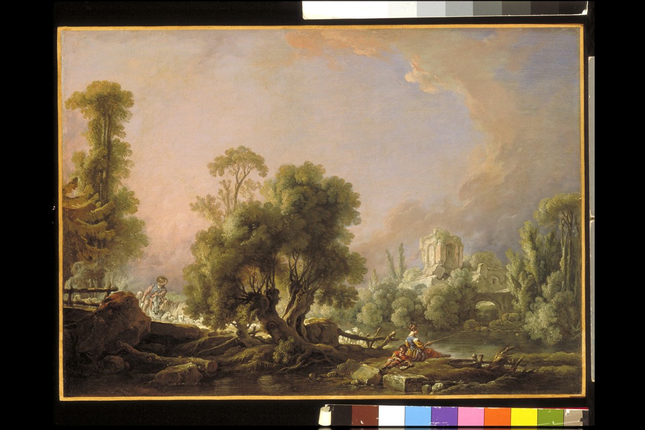 Idilli táj horgászó nővel (olaj, vászon) alkotó: François Boucher