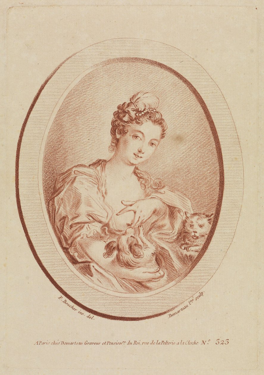 Fiatal nő kutyussal és cicával alkotó: François Boucher
