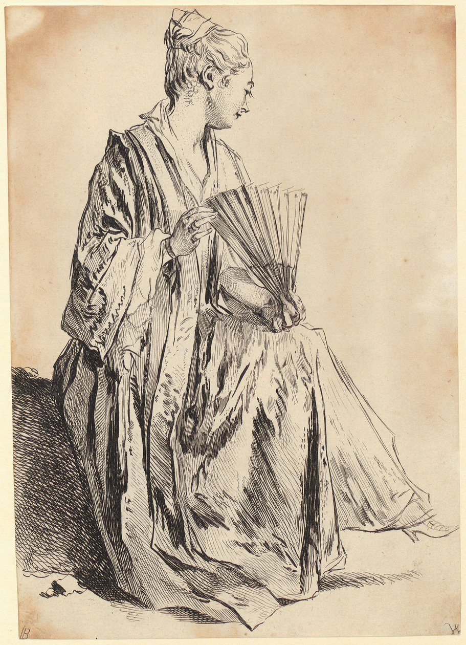 Fiatal, ülő nő, aki legyezővel játszik alkotó: François Boucher