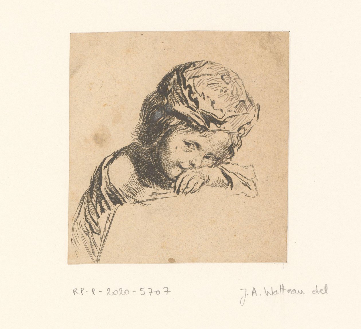Sapkás gyermek, egyik karjára támaszkodva alkotó: François Boucher