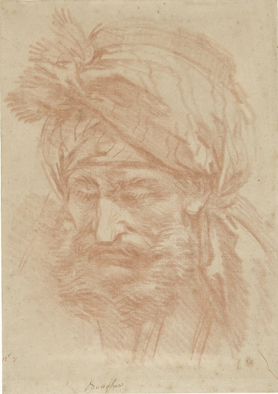 Szakállas, turbános keleti férfi feje, elölről, lefelé tekintve alkotó: François Boucher
