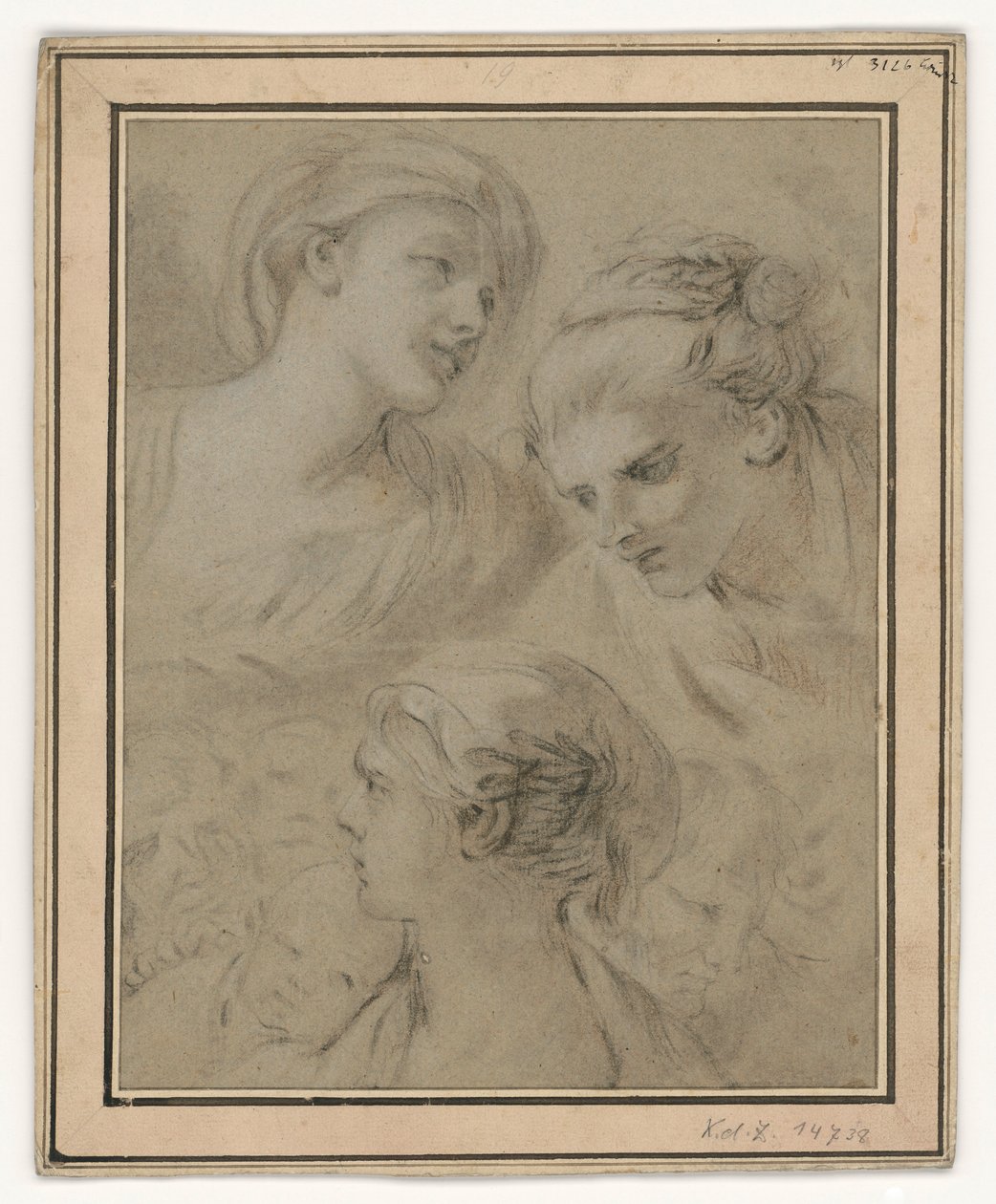 Arckifejezés-tanulmányok, amelyek példaként különböző érzelmeket ábrázolnak alkotó: François Boucher