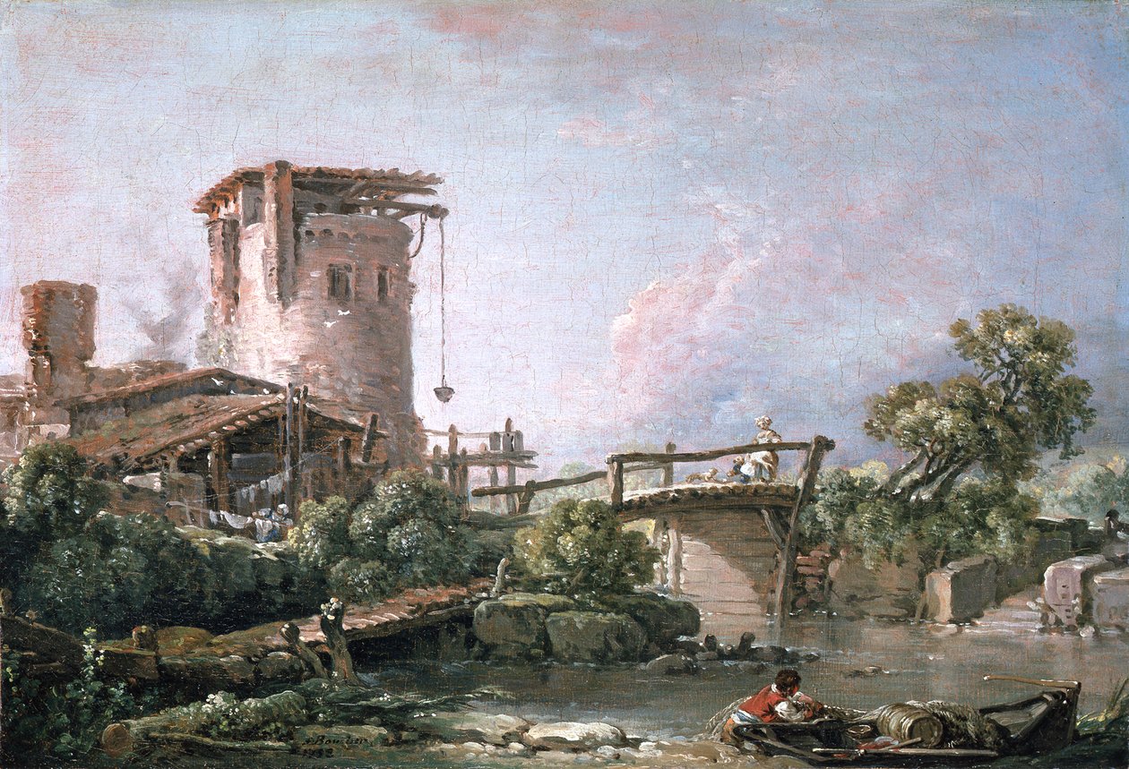 Tájkép toronnyal és híddal alkotó: François Boucher