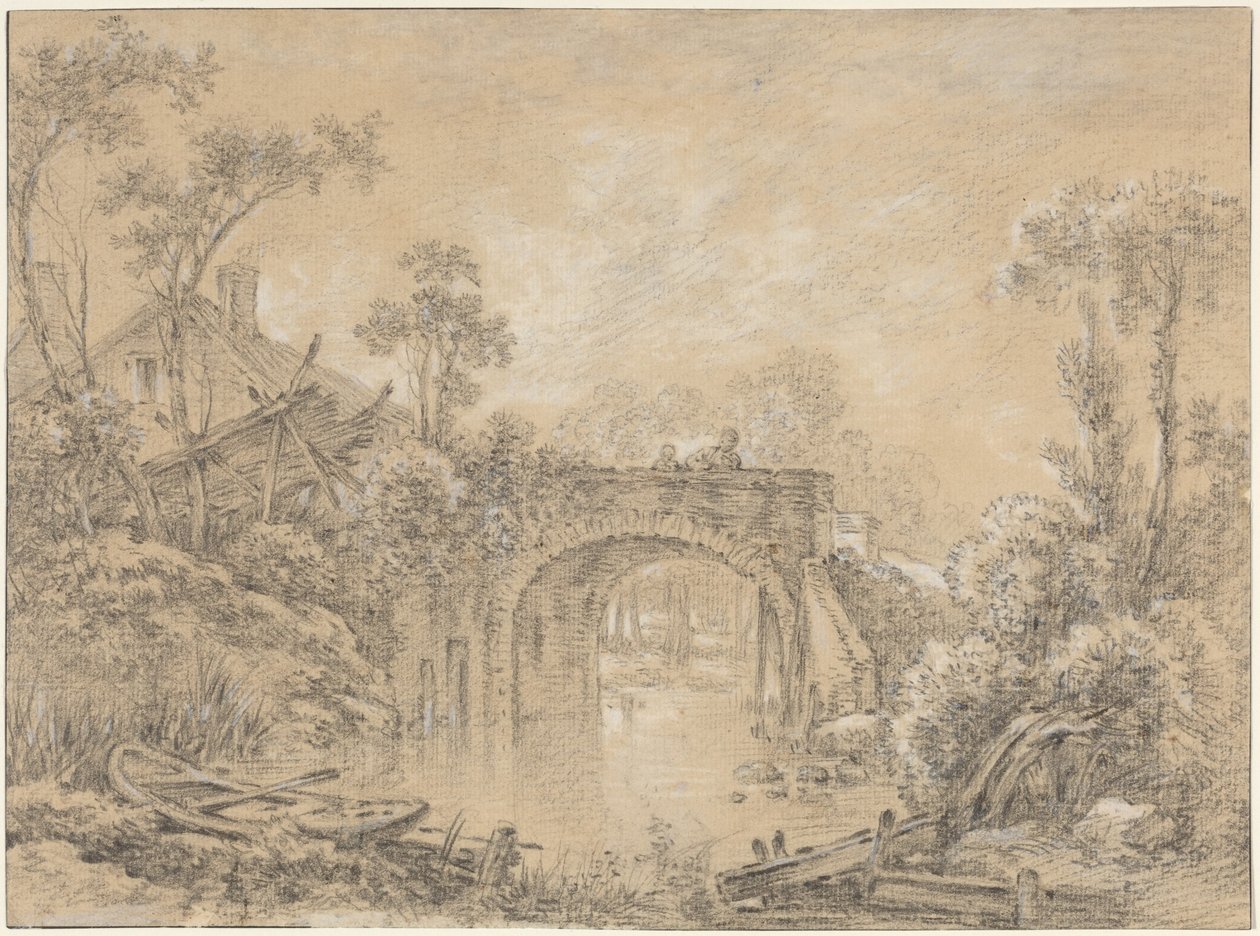 Tájkép rusztikus híddal alkotó: François Boucher