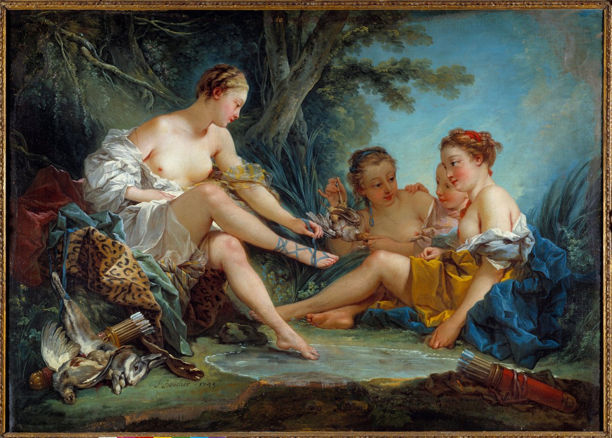 Le retour de la chasse de Diane Francois Boucher (1703-1770) festménye 1745 V. 0,94x1,31 m Párizs. Musee Cognacq Jay – Diane vadászatának visszatérése. Francois Boucher (1703-1770) festménye 1745. 0,94 x 1,31 m. Cognacq Jay Múzeum, Párizs alkotó: François Boucher