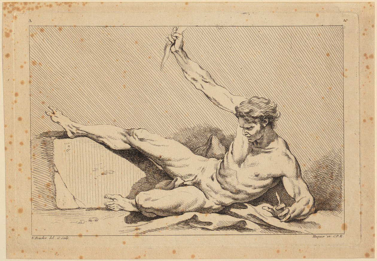 Fekvő férfi akt, a „Second livre de figures d’Académies [...]” című mű 10. lapja, amelyet részben a Királyi Akadémia tanárai metszettek” alkotó: François Boucher