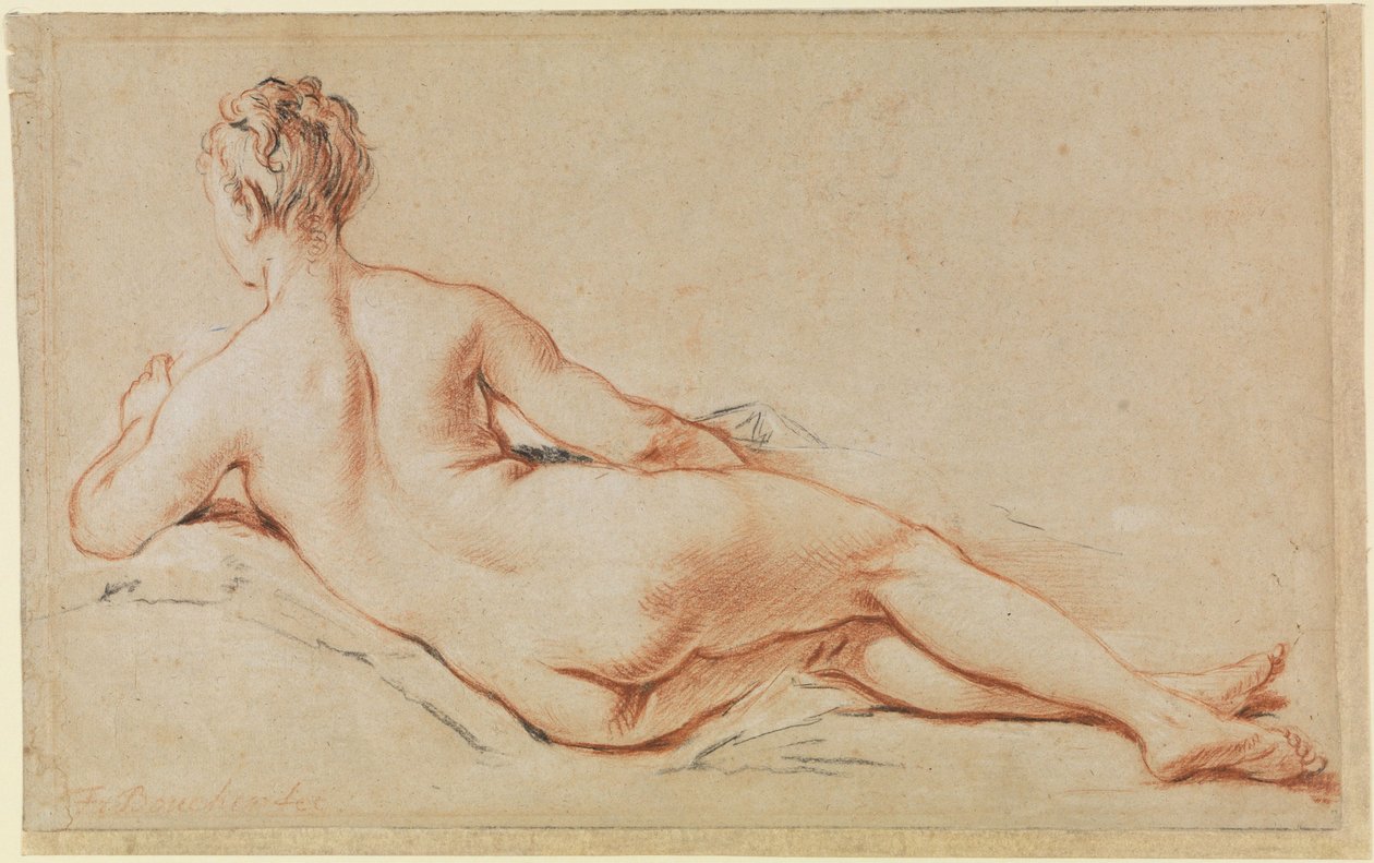 Fekvő női akt, bal karjára támaszkodva, háttal nézve alkotó: François Boucher