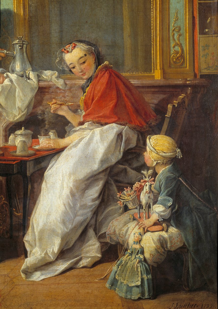 Anya és lánya. A „” Reggeli” részlete”. Egy lány és a babái nézik, ahogy édesanyja forró csokit iszik. Francois Boucher festménye (1703-1770) alkotó: François Boucher
