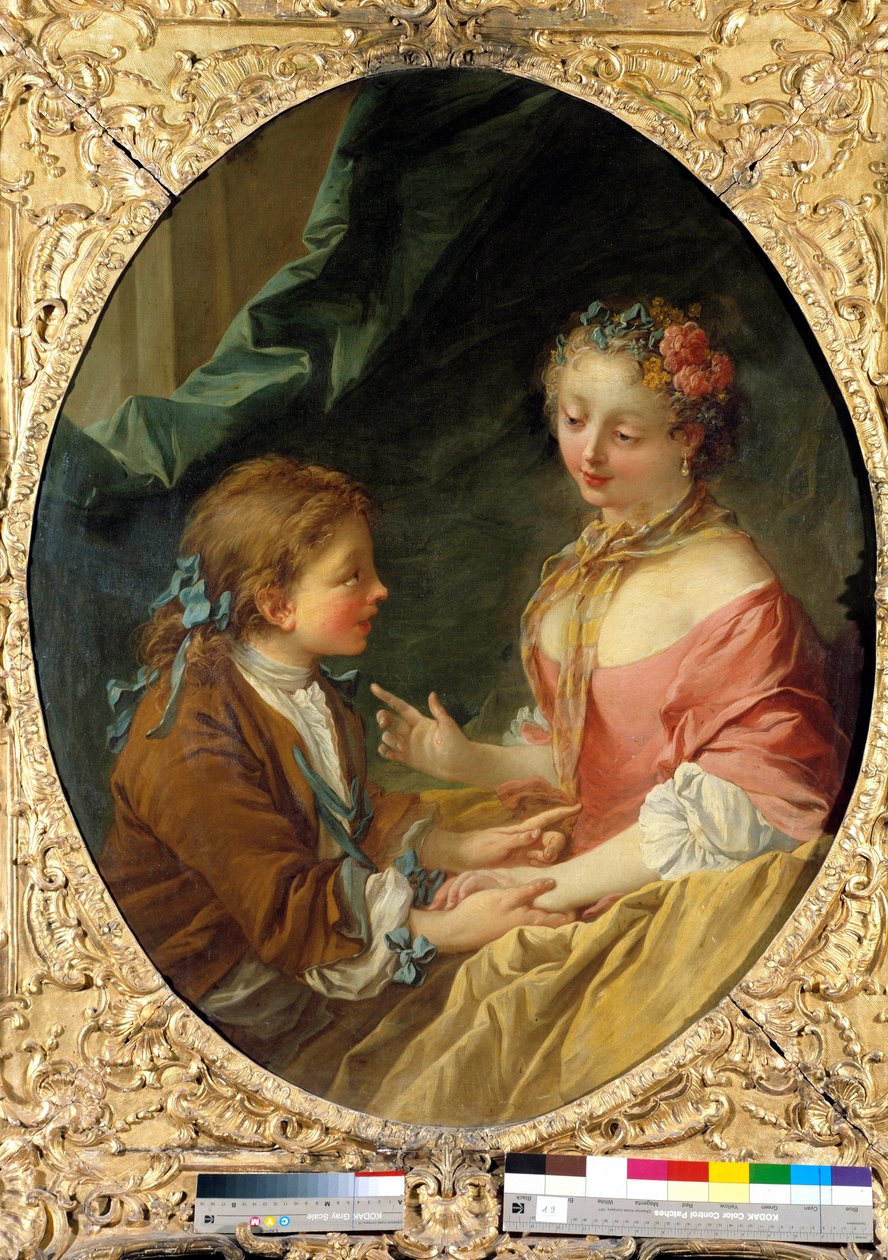 Három dologból csinálsz egyet? Galáns jelenet. Francois Boucher (1703-1770) festménye. 1734 Magángyűjtemény alkotó: François Boucher