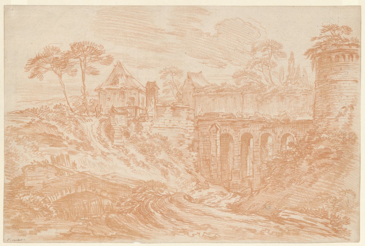 Tájkép toronnyal és híddal alkotó: François Boucher