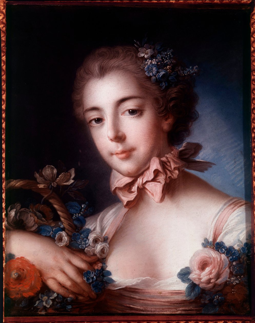 Egy virágkosárra támaszkodó fiatal nő portréja. Francois Boucher pasztellfestménye (1703-1770) alkotó: François Boucher