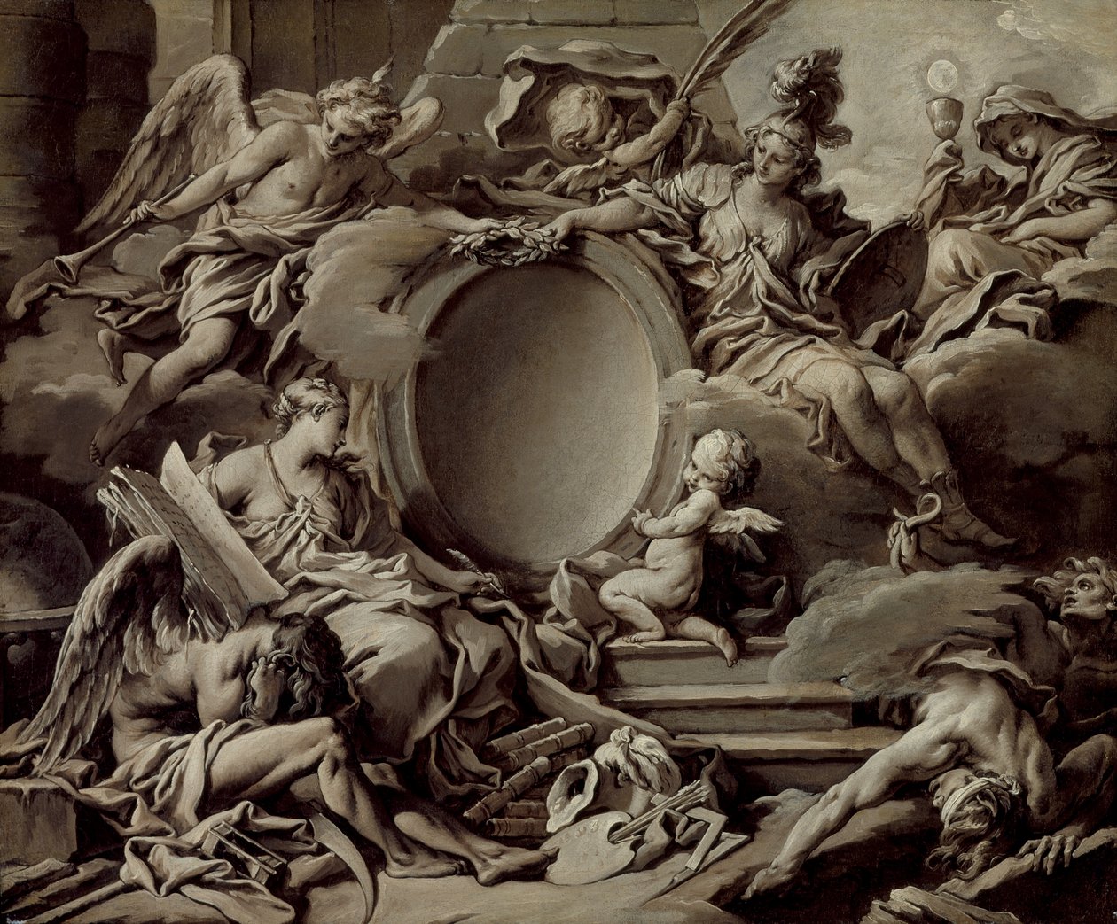 Kartus-terv: Minerva, a Hírnév, a Történelem és a Hit allegóriája, amint legyőzik a tudatlanságot és az időt alkotó: François Boucher