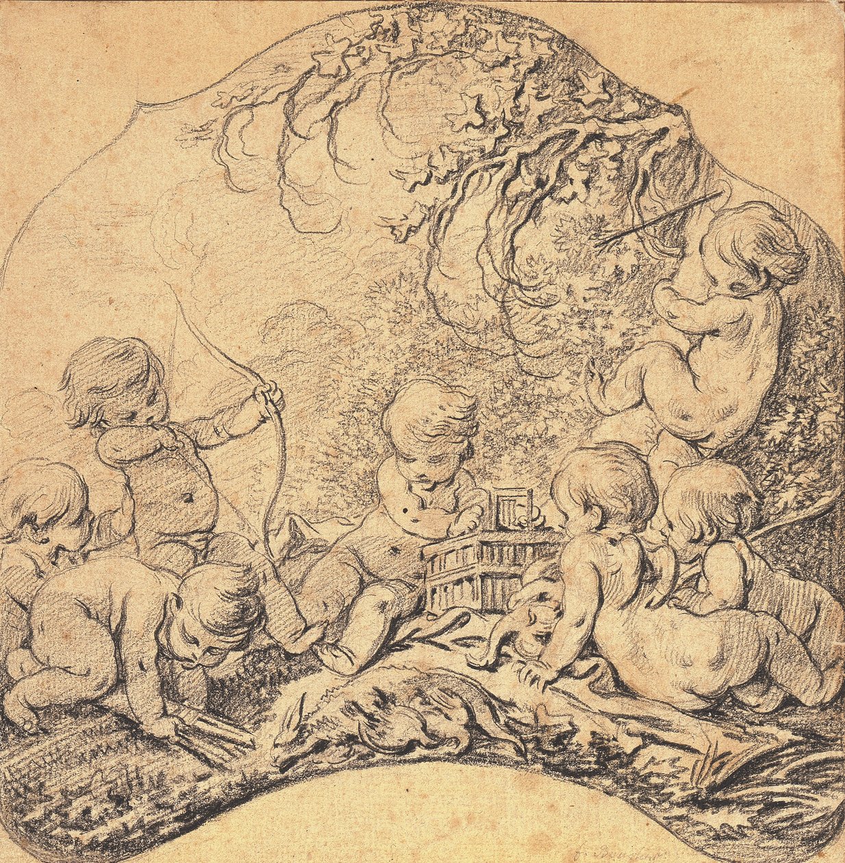 Putti a tájban nyilakat lövöldöz és kalitkát nyit, az előtérben egy vadásztrófea (fekete kréta papíron) alkotó: François Boucher