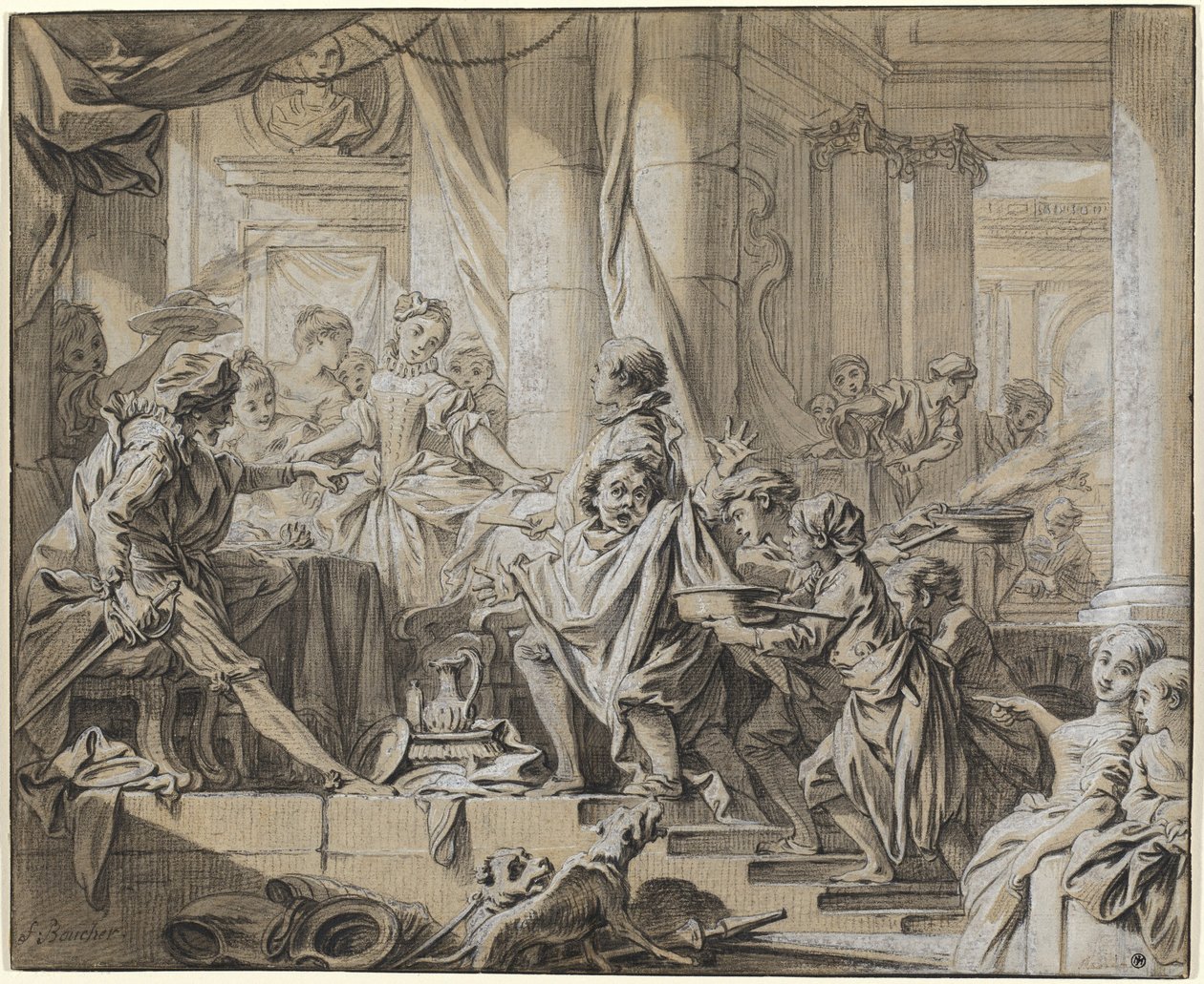 Sancho menekül a herceg szolgái elől alkotó: François Boucher