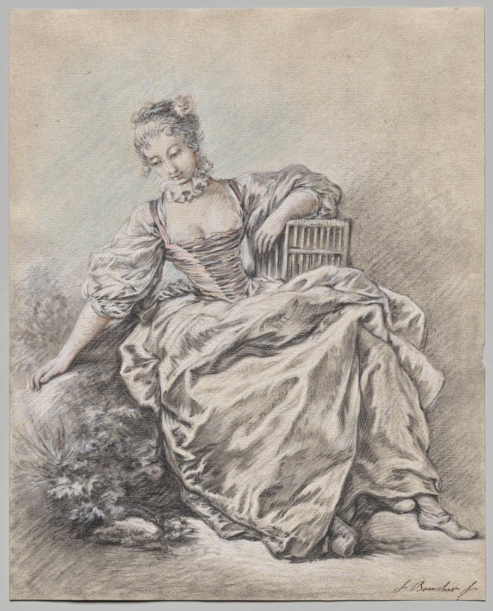 Ülő nő, aki egy madárketrecet tart a kezében alkotó: François Boucher