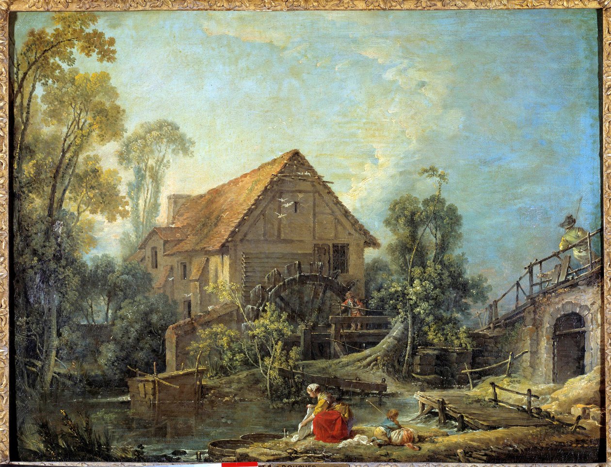 A malom Egy nő a patakban mossa a szennyest egy vízimalom közelében. Francois Boucher (1703-1770) festménye 1751 V. 0,66 x 0,84 m. - A malom. Egy nő ruhát mos a patakban egy vízimalom közelében. Francois Boucher (1703-1770) festménye 1751. 0,66 alkotó: François Boucher