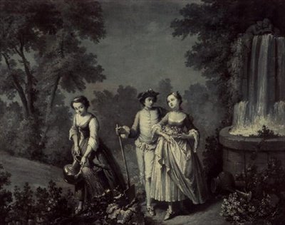Két lány és egy fiatal kertészkedik egy szökőkút mellett (toll és mosdó között) alkotó: François Boucher