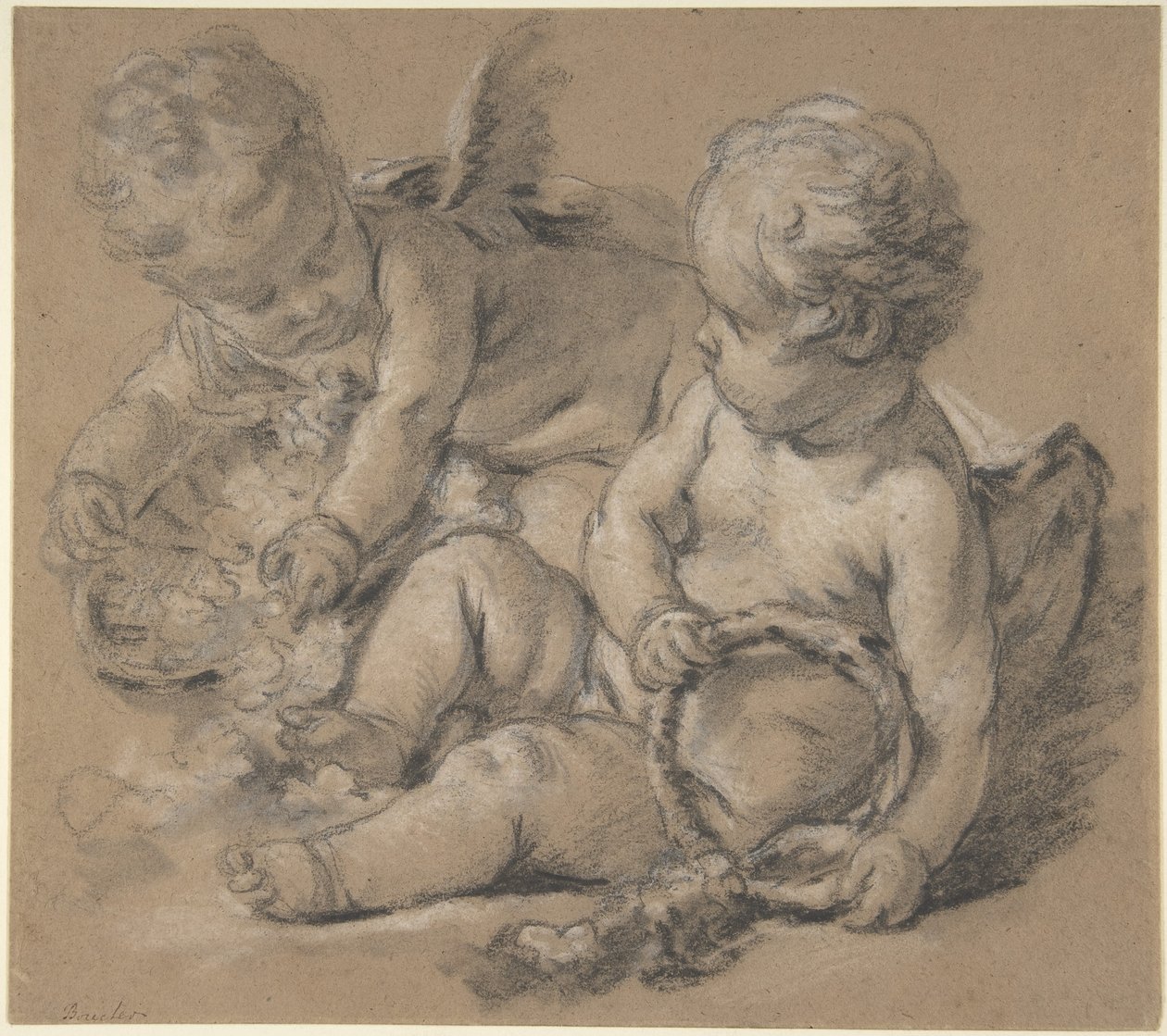 Virágokkal díszített szárnyas puttók alkotó: François Boucher