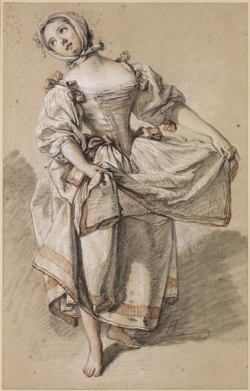 Fiatal vidéki lány táncol, c. 1765-70 (fekete, vörös-fehér kréta és csonk, bivalyozott papíron) alkotó: François Boucher