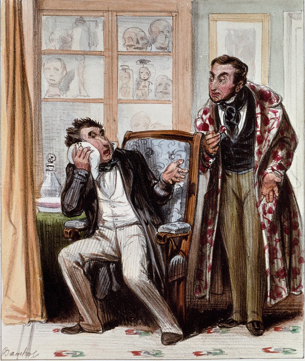 Fogorvos. Rajzfilm egy beteg dühében fogak jött, hogy konzultáljon egy fogorvos. Bouchot metszete, 1830 körül. Párizs, Musee Carnavalet. alkotó: Francois Bouchot