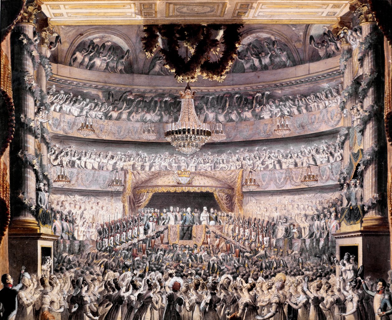 XVIII. Lajos (1755-1824) részt vesz az Odeon színházában a párizsi nemzeti gárda 1819-es partiján Francois Buffet rajza (1789-1843) V. 36x44 cm Versailles, musee du chateau alkotó: Francois Buffet