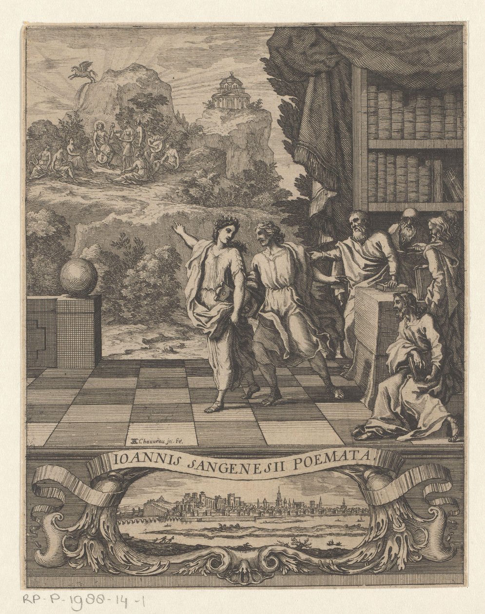 Az allegorikus női alak a Parnasszus-hegyre mutat egy fiatal férfit Címlap ehhez: Jean de Saint-Genies, Ioannis Sangenesii Poemata, 1654 alkotó: Francois Chauveau