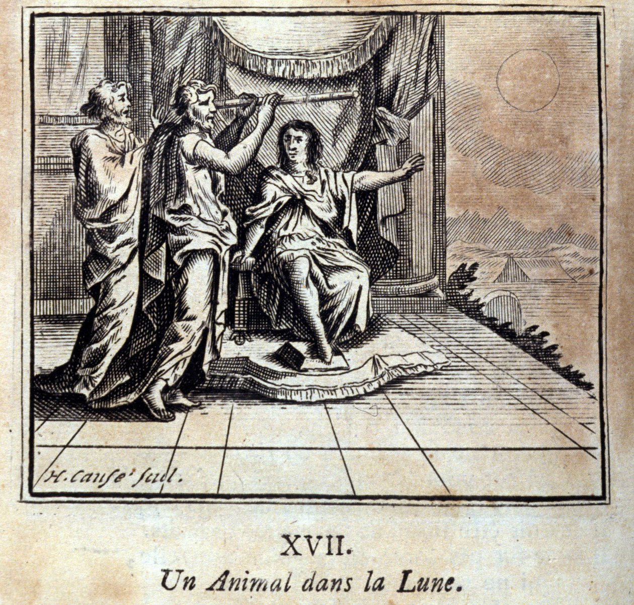 Egy állat a Holdon. Jean de La Fontaine (1621-95) meséi. Illusztráció: Francois Chauveau (1613-1676). 1728-as kiadás. alkotó: Francois Chauveau