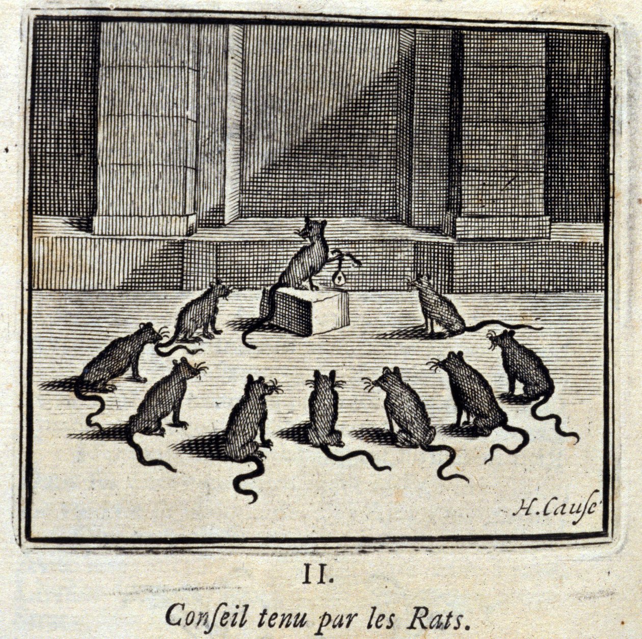 A Patkányok testülete. Jean de La Fontaine (1621-95) meséi. Illusztráció: Francois Chauveau (1613-1676). 1728-as kiadás. alkotó: Francois Chauveau
